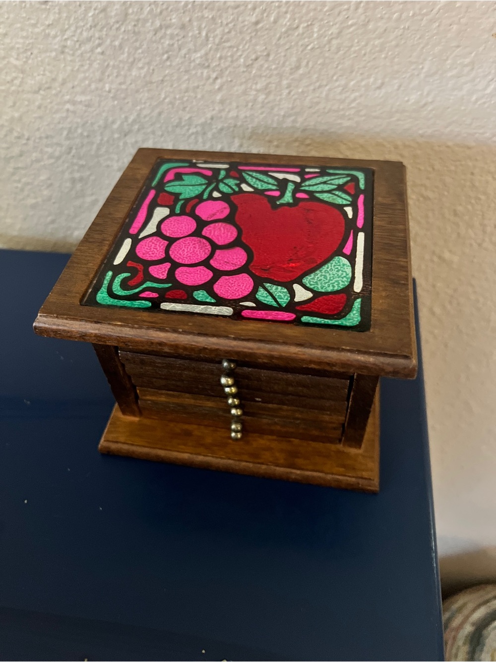 Vintage Wood Coaster Box with Colorful Stained-Glass Fruit Top